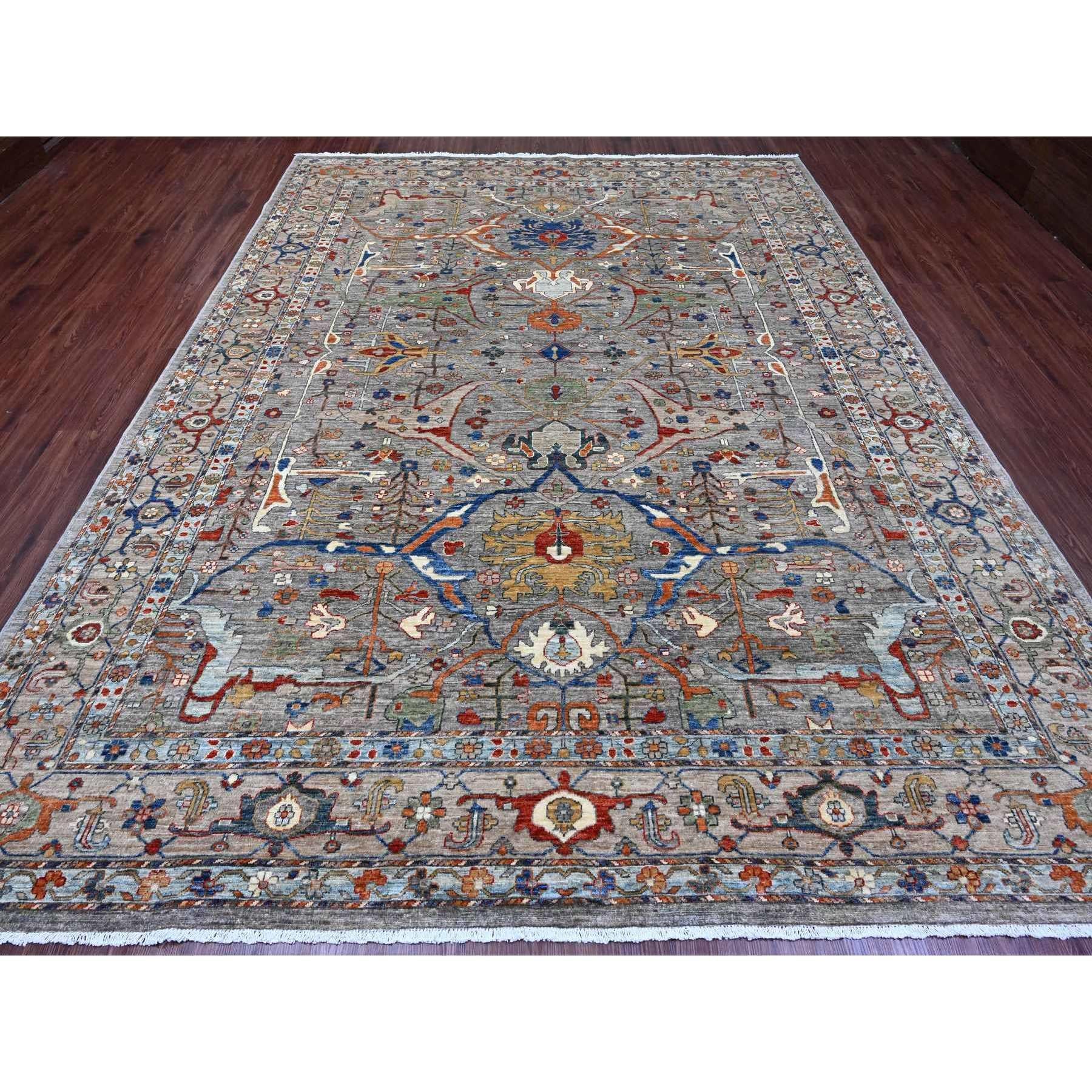 Sonic Gray, Peshawar with Bijar Garus Design, Aryana Grade, Vegetable Dyes, Hand Knotted, Densely Woven, High Mountain Wool, Oriental Rug
Primary materials: Wool
Latex: No Pile 
height: 0.25 Inches
Style: Transitional
Primary color: Grey
Secondary