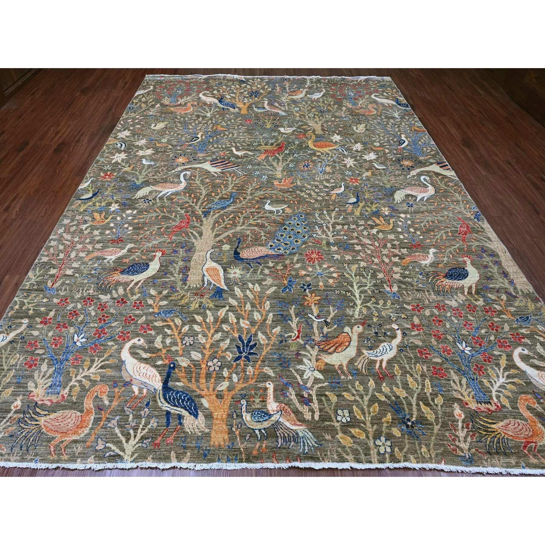 Dim Gray, Afghan Peshawar with Birds of Paradise Design, Soft and Velvety Wool, Hand Knotted, Vegetable Dyes, Oriental Rug
Primary materials: Wool
Latex: No Pile 
height: 0.25 Inches
Style: Transitional
Primary color: Grey
Secondary colors: Blue,