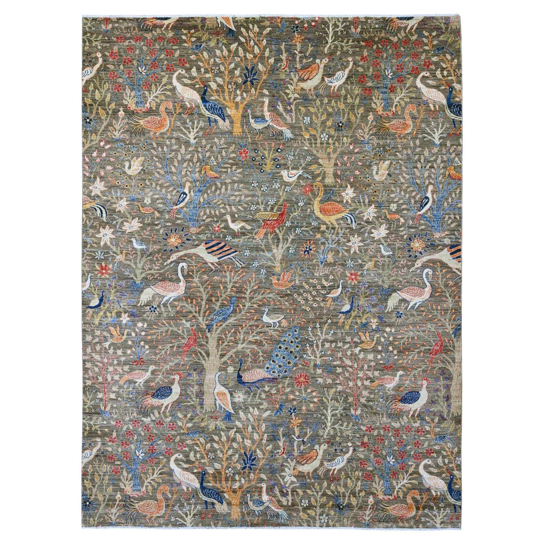 9'x12' Gray Peshawar Birds of Paradise Design All Wool Hand Knotted Oriental Rug