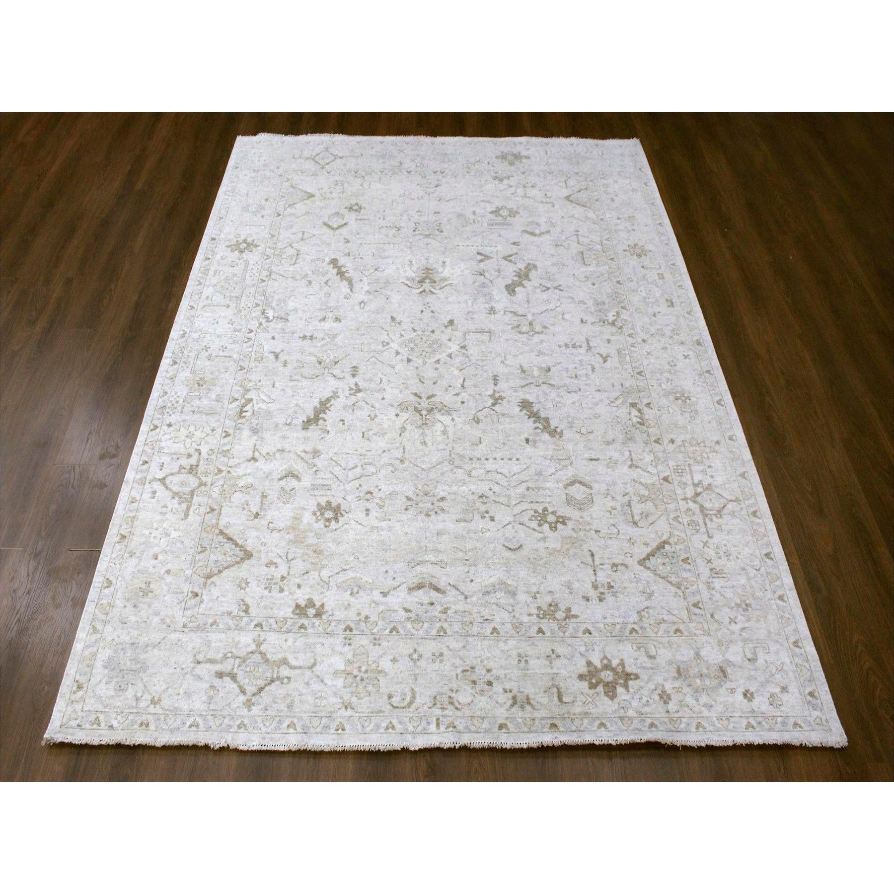 Oyster Gray, Vintage Tabriz All Over Design, Zero Pile, Hand Knotted, Oxidized Wool, Stone Washed, Oriental Rug
Primary materials: Wool
Latex: No Pile 
height: 0.25 Inches
Style: Traditional
Primary color: Grey
Secondary colors: Brown
Pattern: