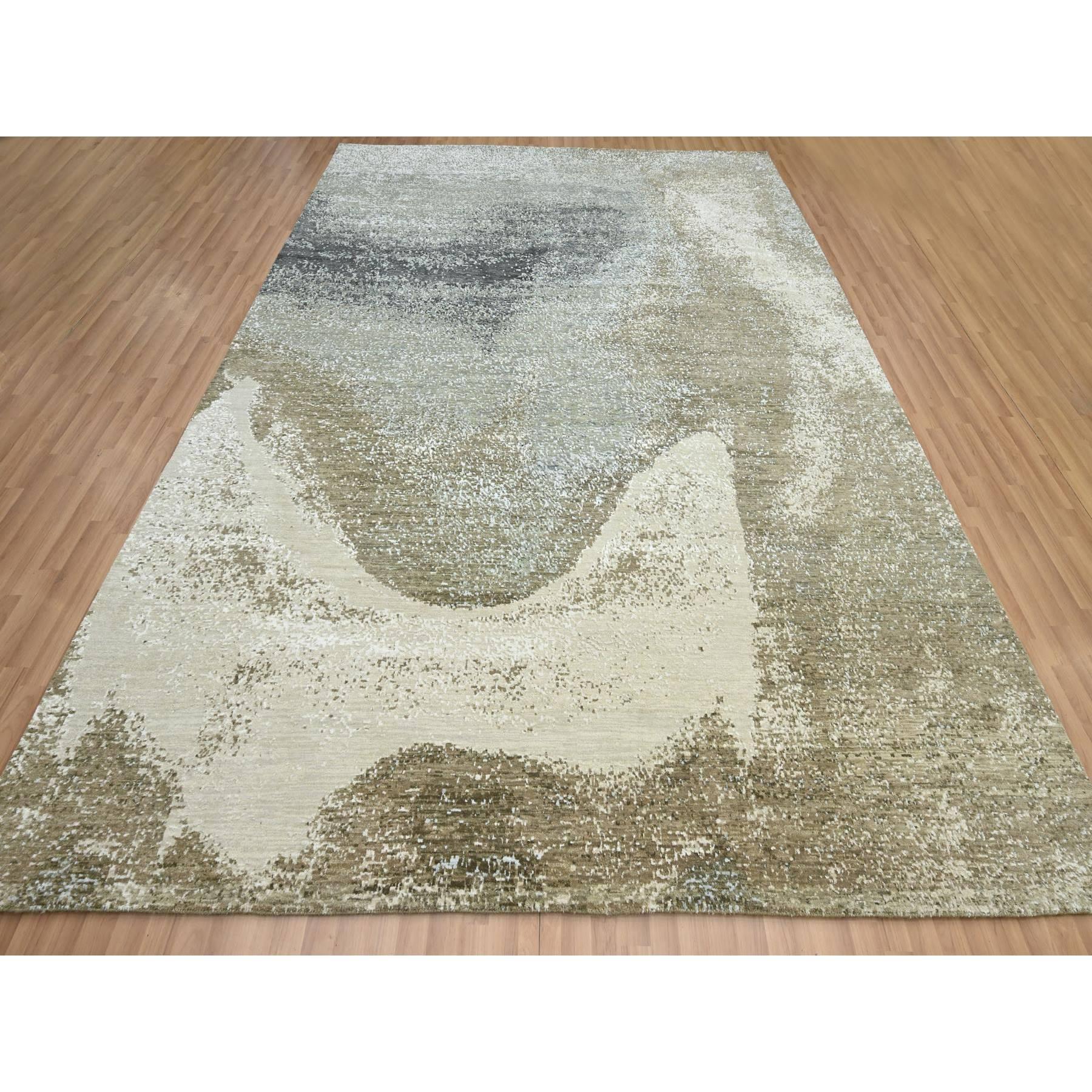 Shades of Gray with Brown, Abstract with Galaxy Design, Persian Knot, 100% Wool, Hand Knotted, Densely Woven, Oriental Rug
Primary materials: Wool
Latex: No Pile 
height: 0.25 Inches
Style: Contemporary
Primary color: Grey
Secondary colors: Brown,