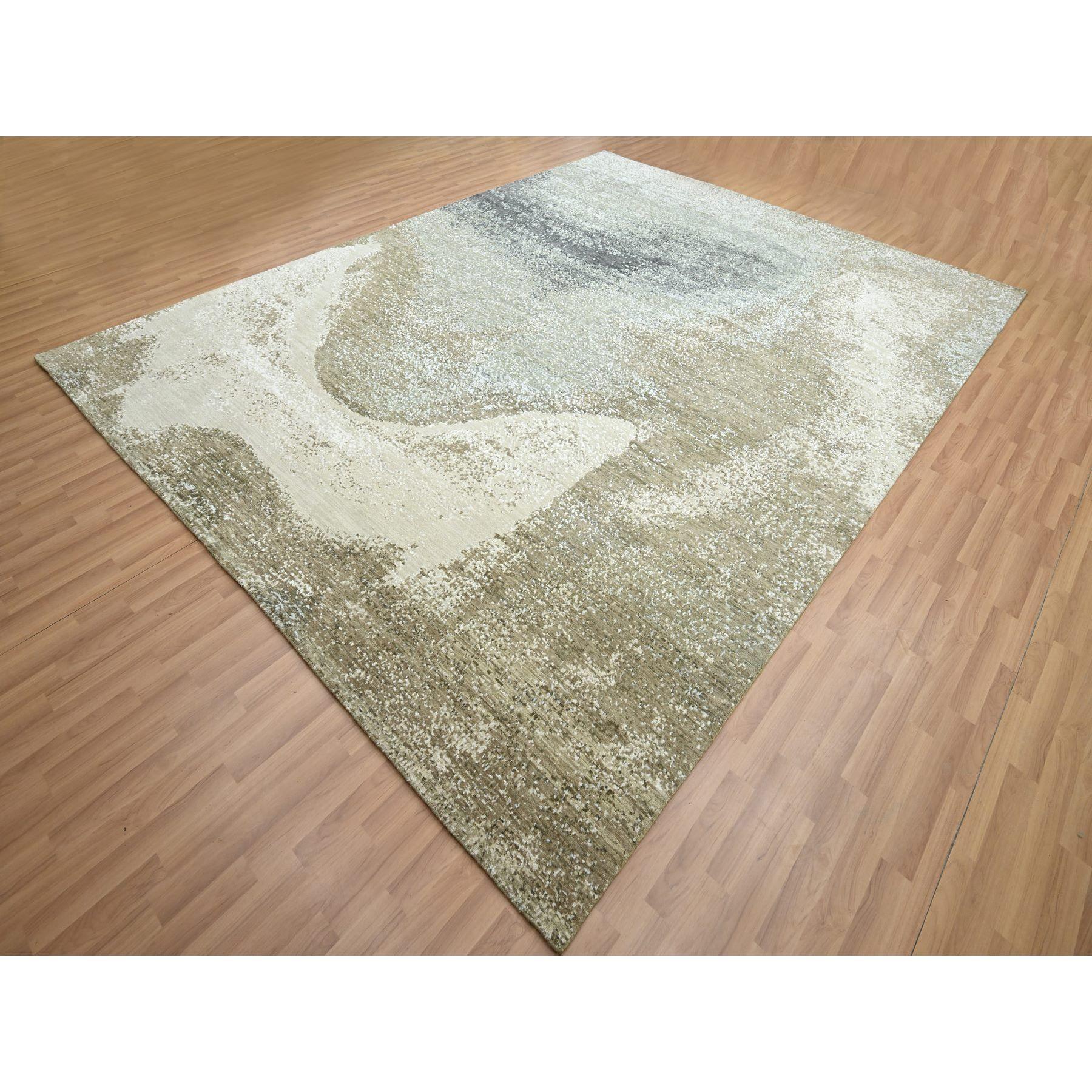 Modern 9'x12' Gray with Brown Abstract Design Persian Knot Hand Knotted All Wool Rug For Sale