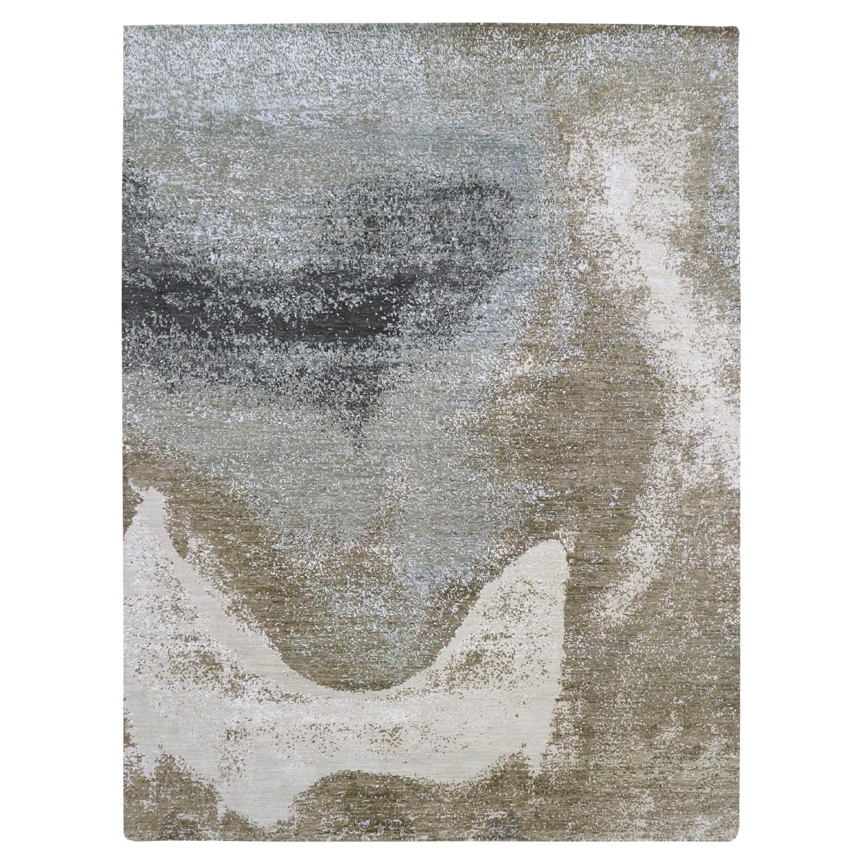 9'x12' Gray with Brown Abstract Design Persian Knot Hand Knotted All Wool Rug For Sale
