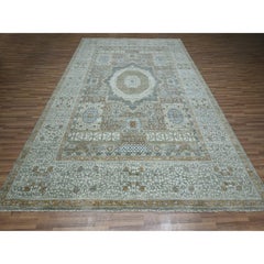 9'x12' Green Hand Knotted 14th Century Influence Pure Wool Rug