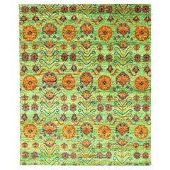 9x12 Green Hand-Knotted Silk Floral Constellations Oriental Modern Carpet Rug
