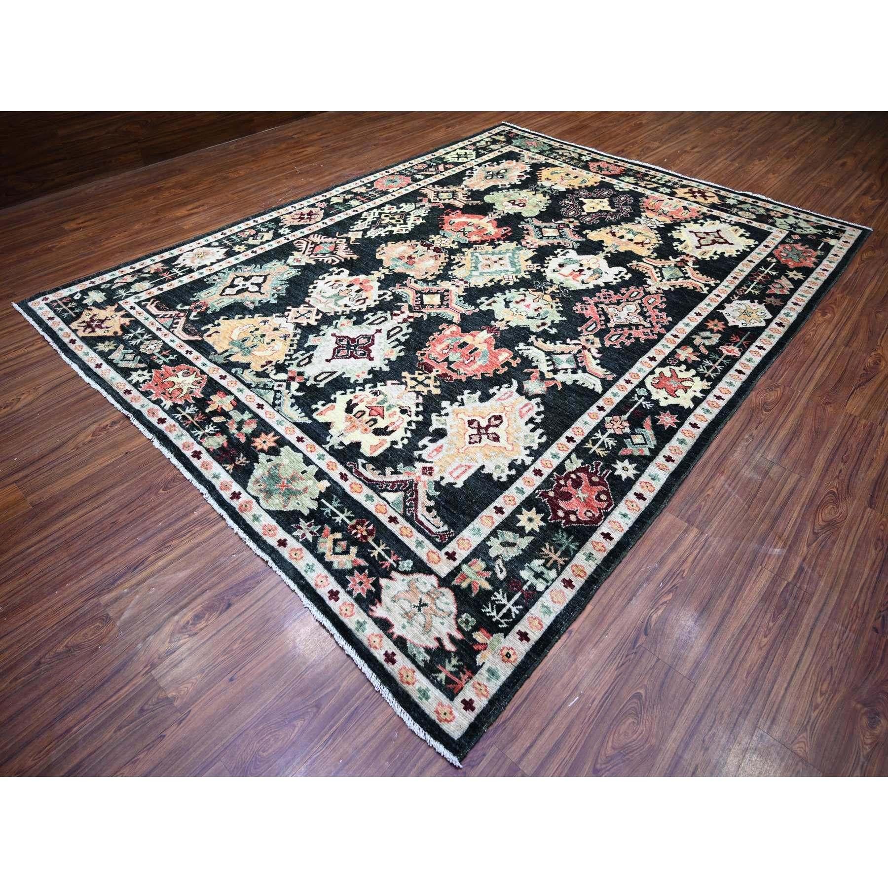 Annodato a mano 9'x12' Gunmetal Black Afghan Angora Oushak Wool Tappeto orientale annodato a mano in vendita