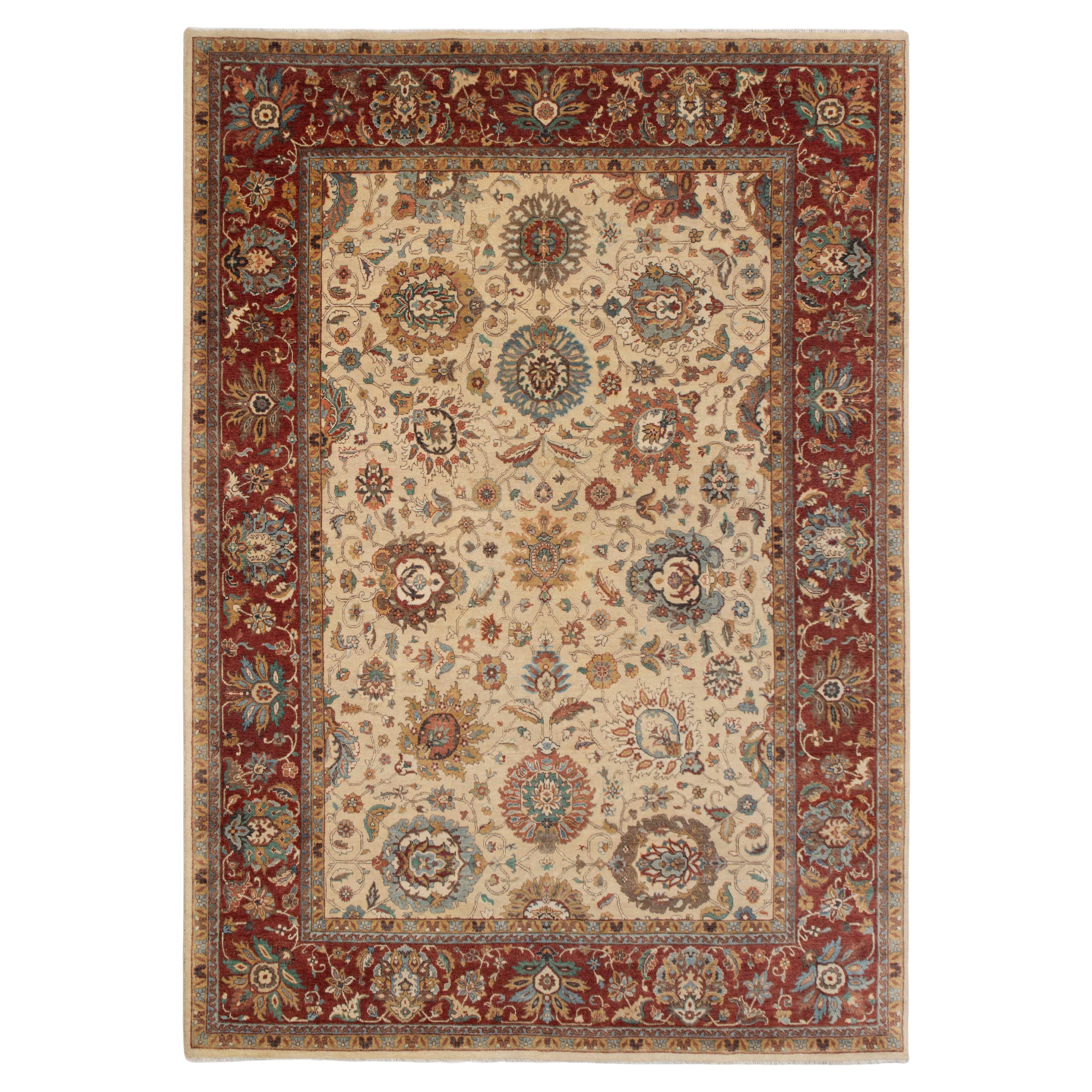 9x12 Hand-knotted Ivory Red Gold Floral Persian Wool Rug (P-2989) For Sale