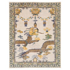 Tappeto 9x12 in lana Chinoiserie moderna annodata a mano - Motivo drago e nuvola in crema