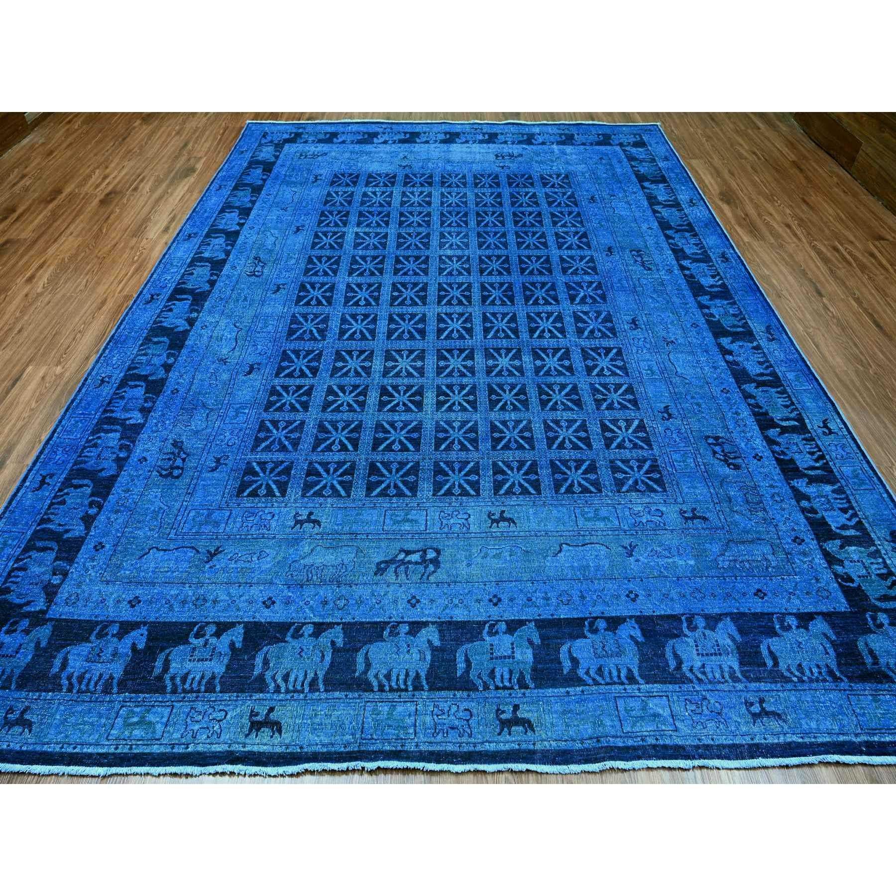 Imperial Blue, Overdyed Peshawar with Pazyryk Design, Zero Pile, Distressed, Pure Wool, Hand Knotted, Oriental Rug
Primary materials: Wool
Latex: No Pile 
height: 0.25 Inches
Style: Transitional
Primary color: Blue
Secondary colors: None
Pattern: