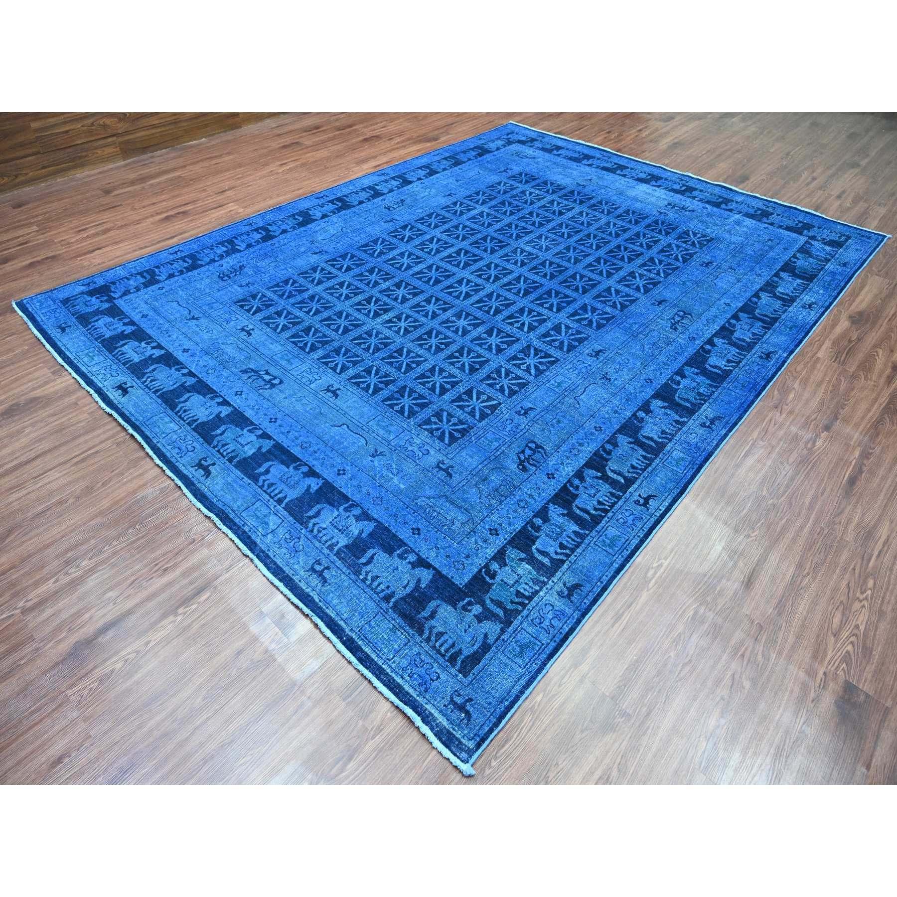 Medieval 9'x12' Imperial Blue Peshawar with Pazyryk Design Hand Knotted Pure Wool Rug For Sale