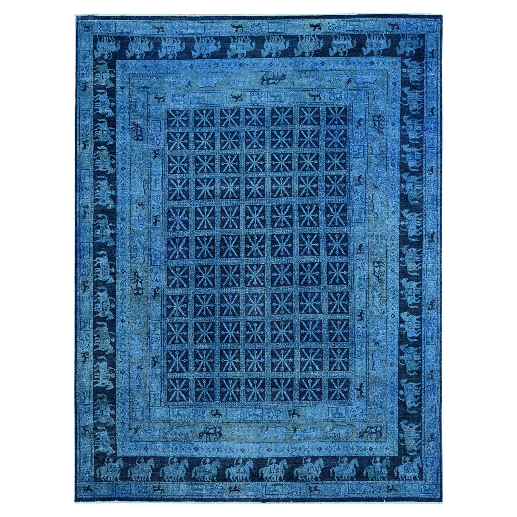 9'x12' Tapis bleu impérial Peshawar avec Design/One noué à la main en pure laine