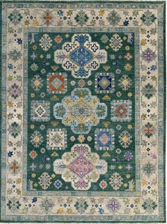 9x12 Isla Kazak Green Geometric Medallion Modern Hand Knotted Wool Carpet Rug