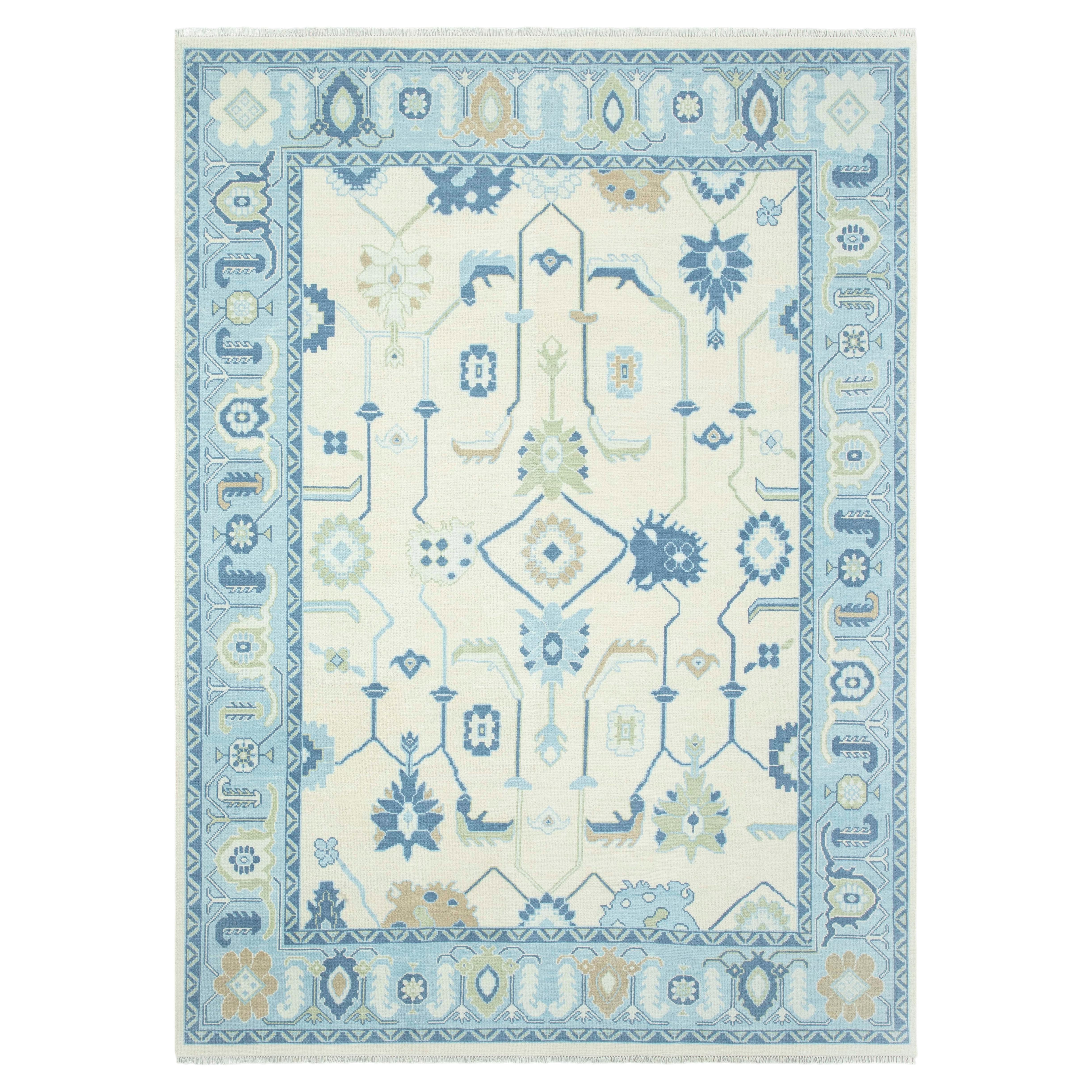 9x12 Ivory and Teal Hand Knotted Oushak Floral Wool Rug ( JC-13305)