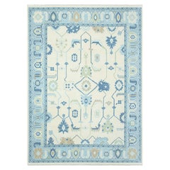 9x12 Ivory and Teal Hand Knotted Oushak Floral Wool Rug ( JC-13305)