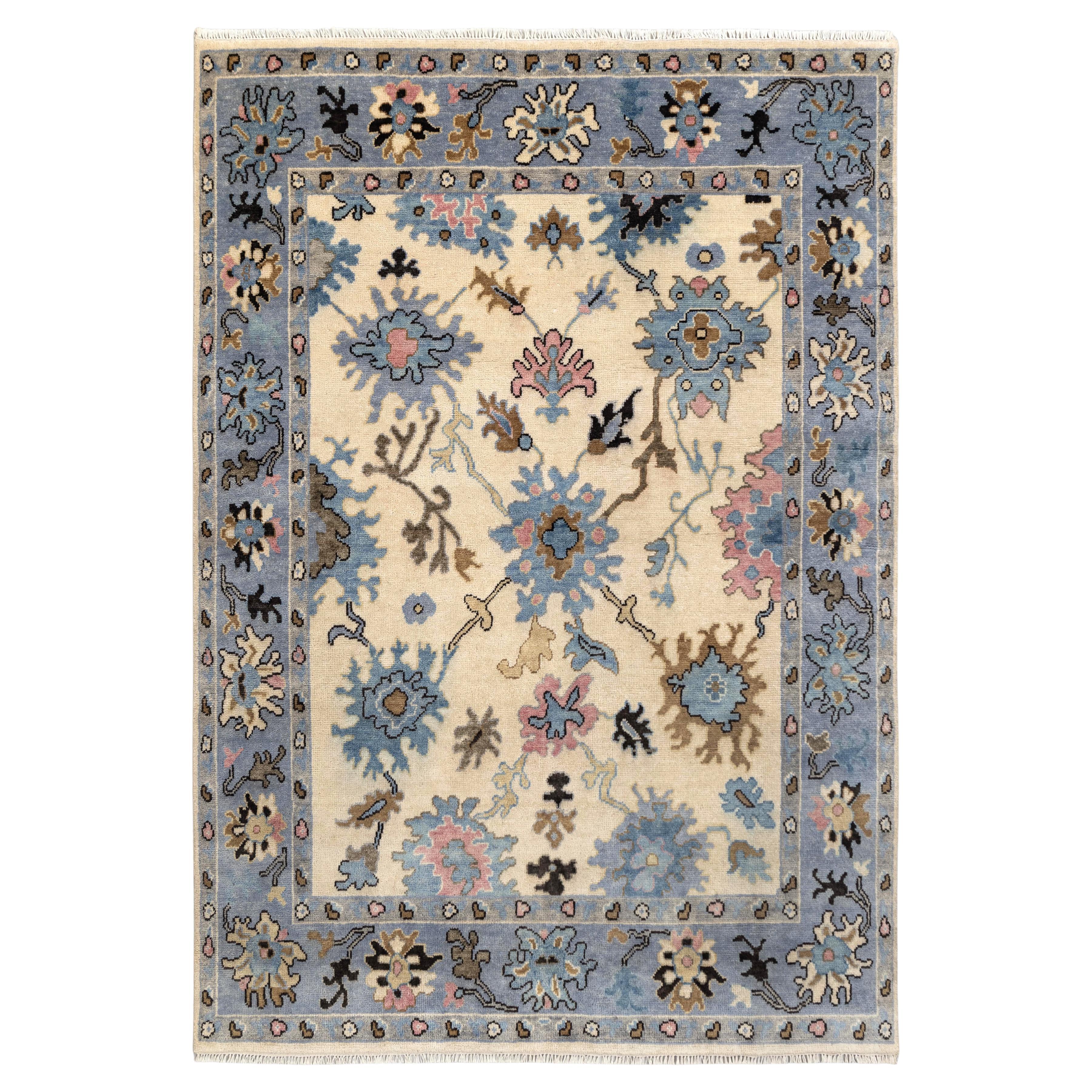 9x12 Ivory Blue Hand-Knotted Turkish Oushak Wool Rug ( G-5471)