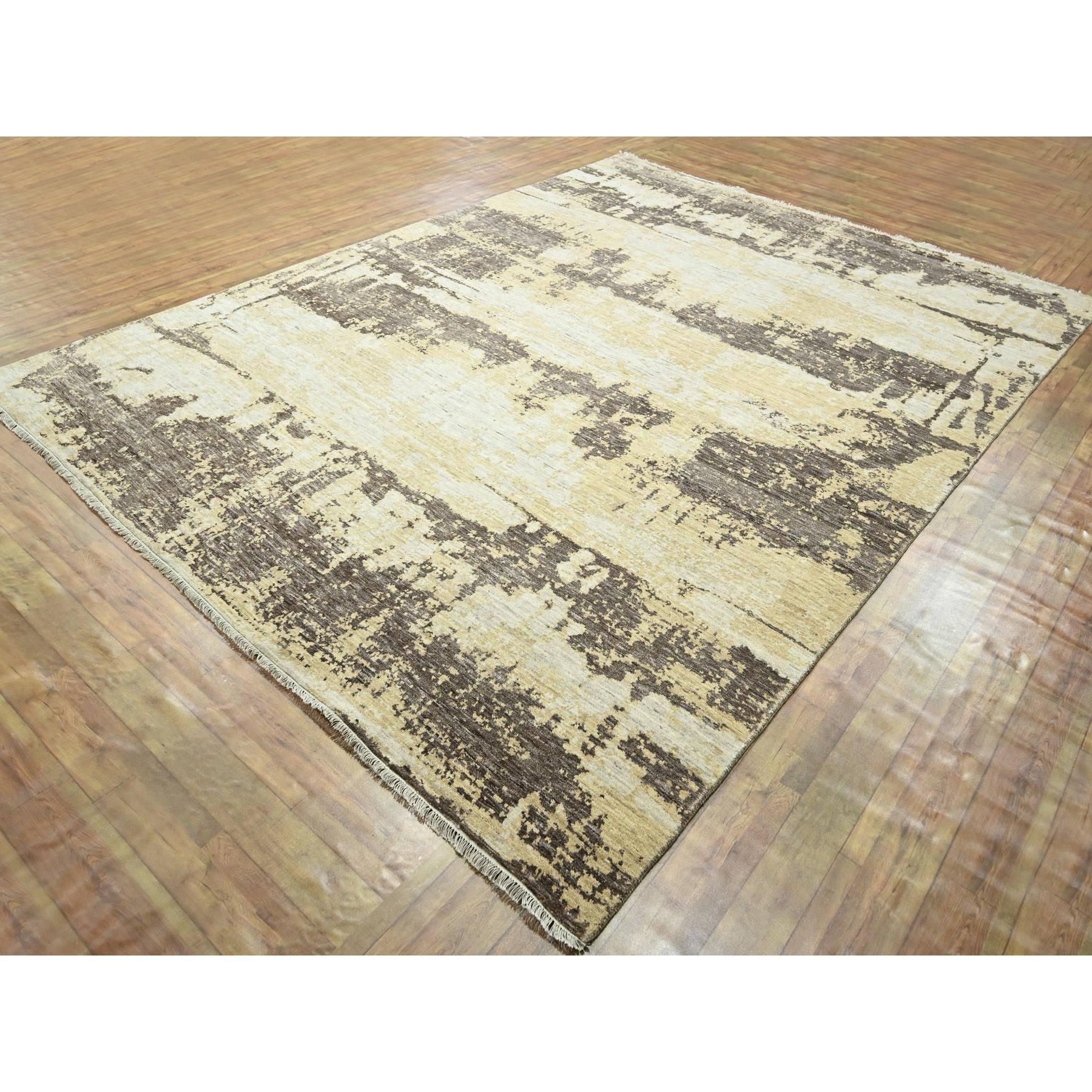 Moderne Tapis en laine et soie nouée à la main 9'x12' Ivoire et marron Modern Design/One en vente