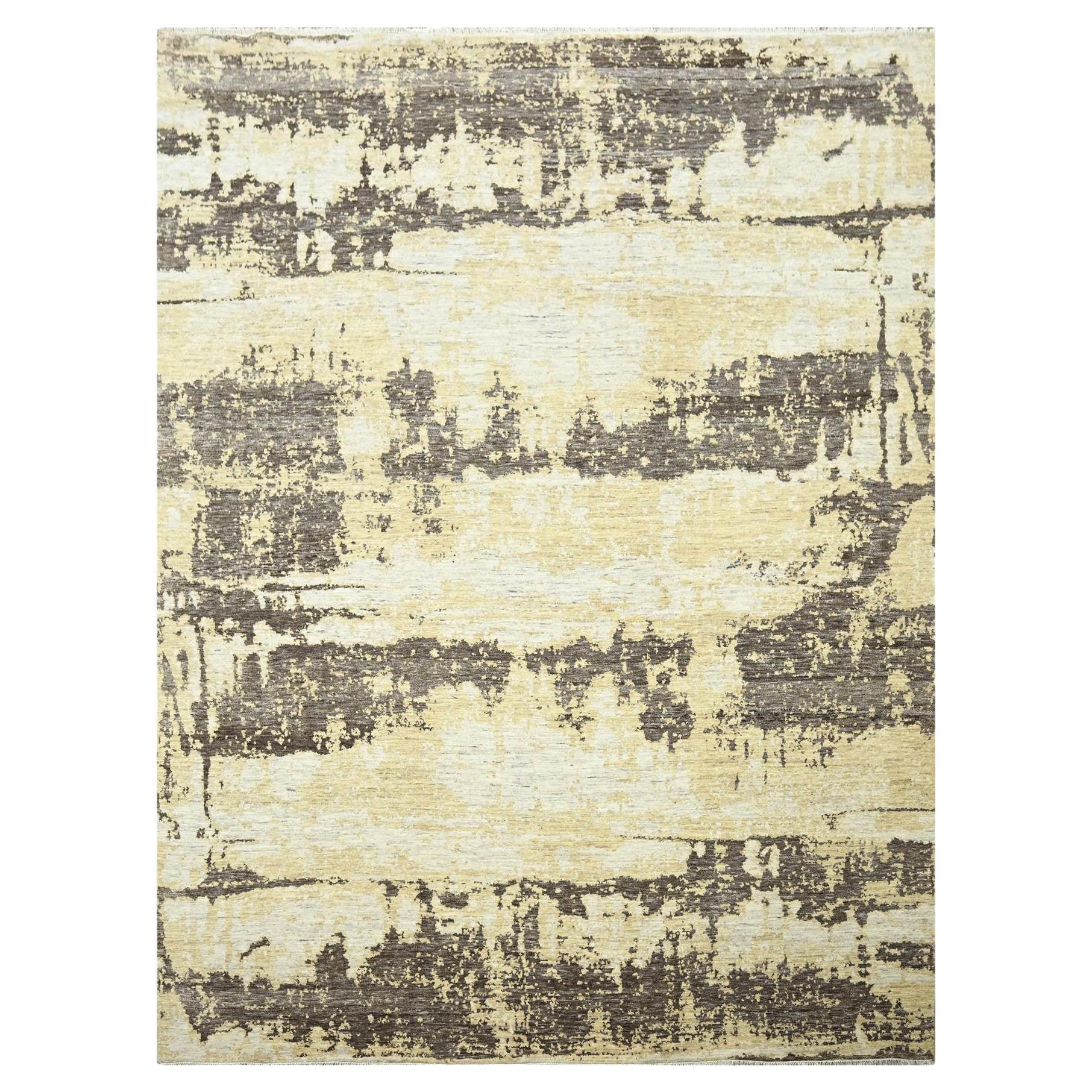 9'x12' Elfenbein & Braun Modernes abstraktes Design Handgeknüpfter Teppich aus Wolle & Seide