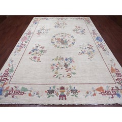 9'x12' Ivory Chinese Art Deco Inspired Peshawar Hand Knotted Soft Wool Rug