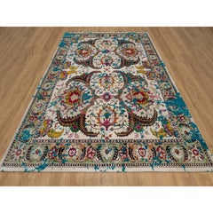 9'x12' Ivory Colorful Polonaise Broken Design Hand Knotted Wool and Silk Rug