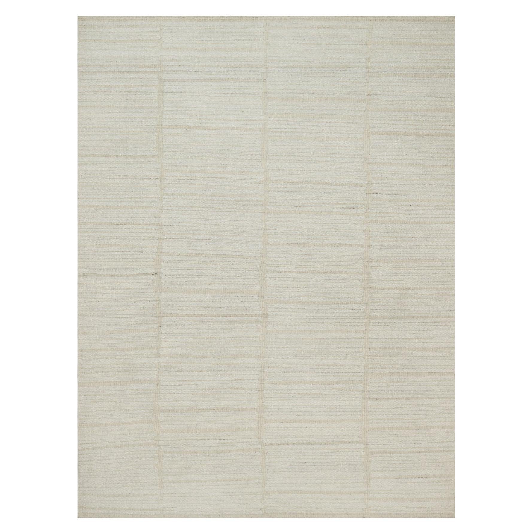 9'x12' Elfenbeinfarbenes Flachgewebe mit Flor, Ton in Ton, handgewebter Teppich aus natürlicher Wolle