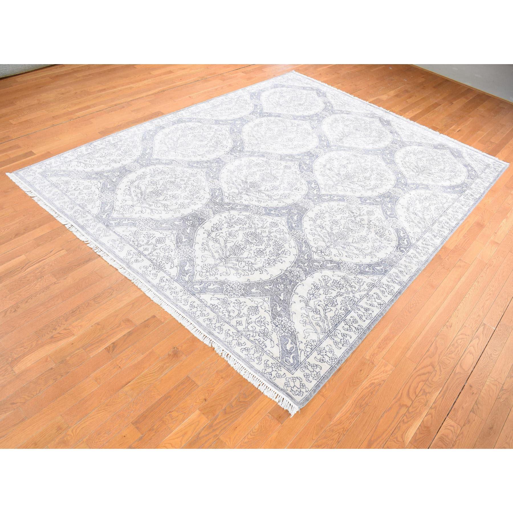 9'x12' Elfenbein handgeknüpft Baumwolle Mughal Reich Agra Blume Bouquet Design Teppich (Handgeknüpft) im Angebot