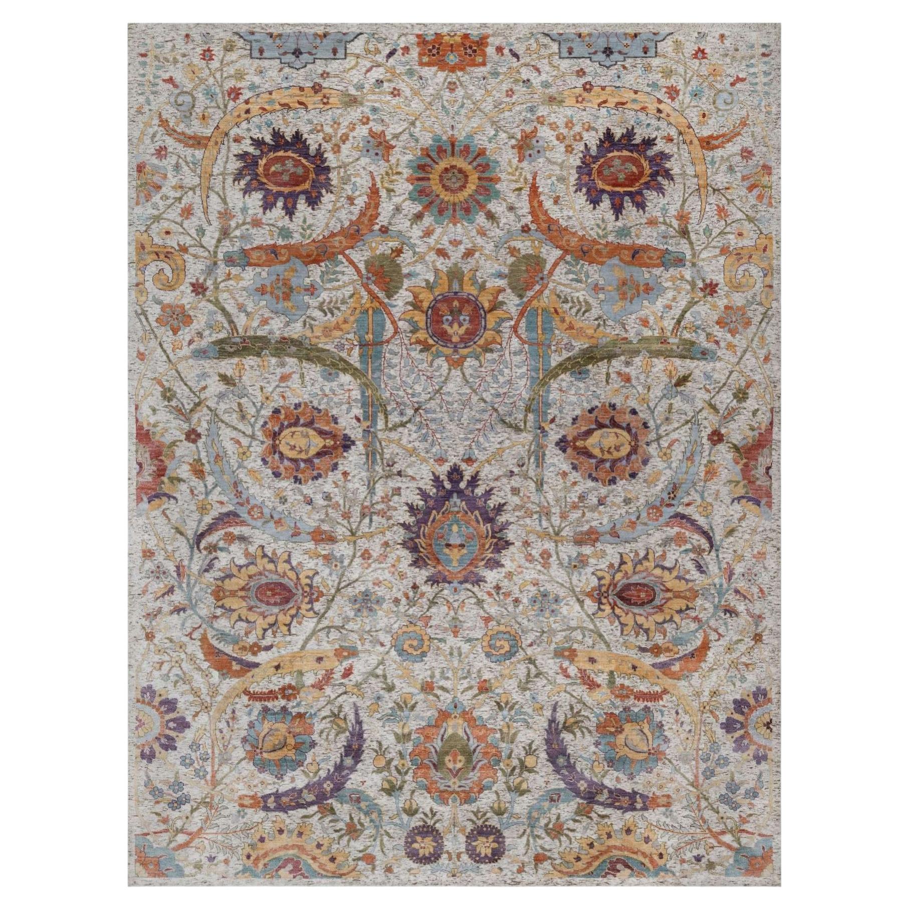 9'x12' Ivory Hand Knotted Sickle Leaf Design Silk with Textured Wool Rug