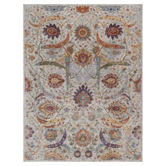 9'x12' Ivory Hand Knotted Sickle Leaf Design Silk with Textured Wool Rug