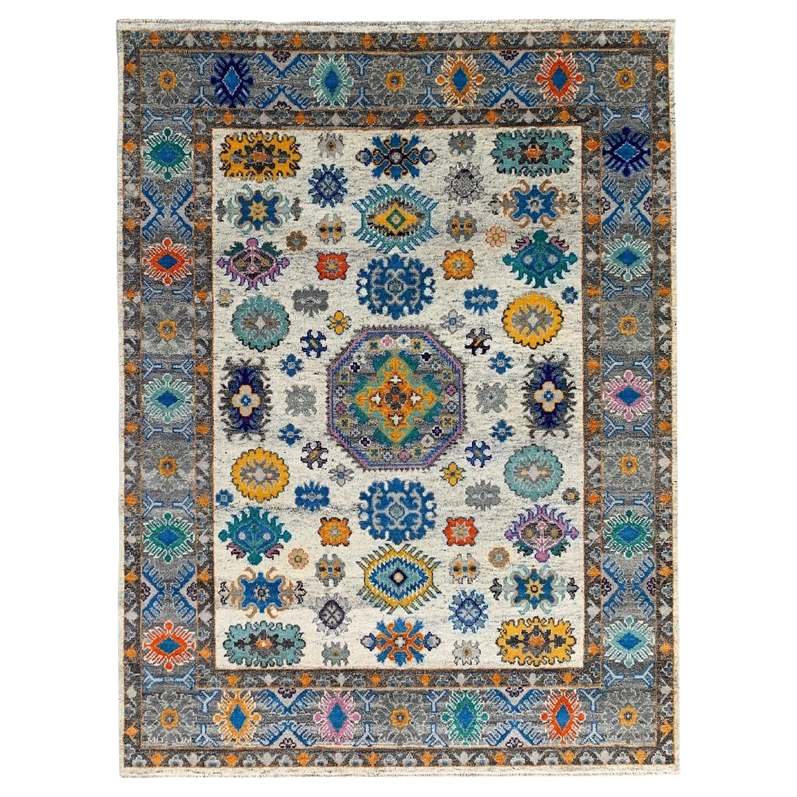 9x12 Ivory Hand-Knotted Wool Floral Constellation Tribal Modern Carpet Rug