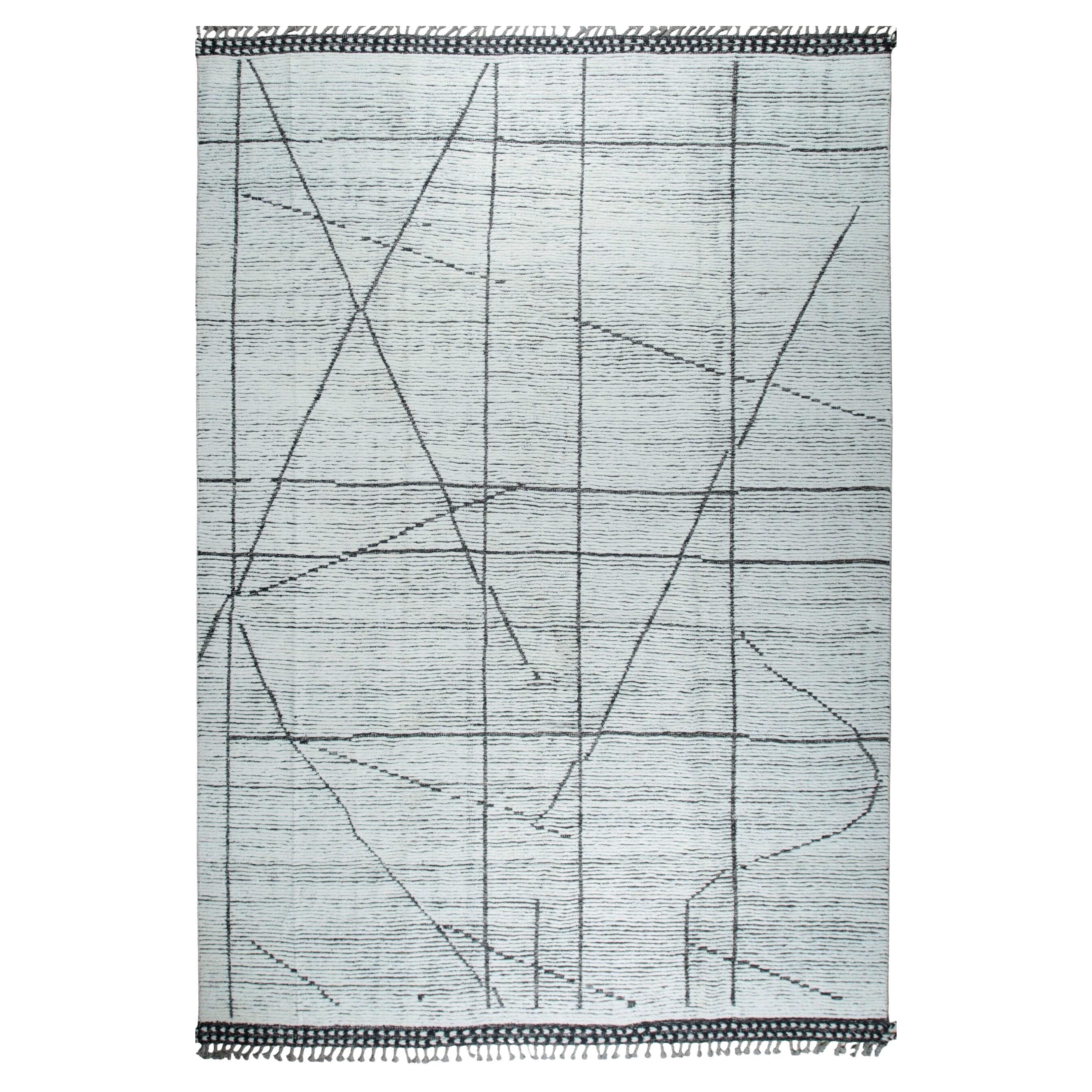 9x12 Ivory Hand-Knotted Wool Striated Linear Design Tribal Modern Carpet Rug