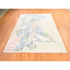 9'x12' Ivory Modern Abstract Design Pure Silk with Wool Hand Knotted Rug
