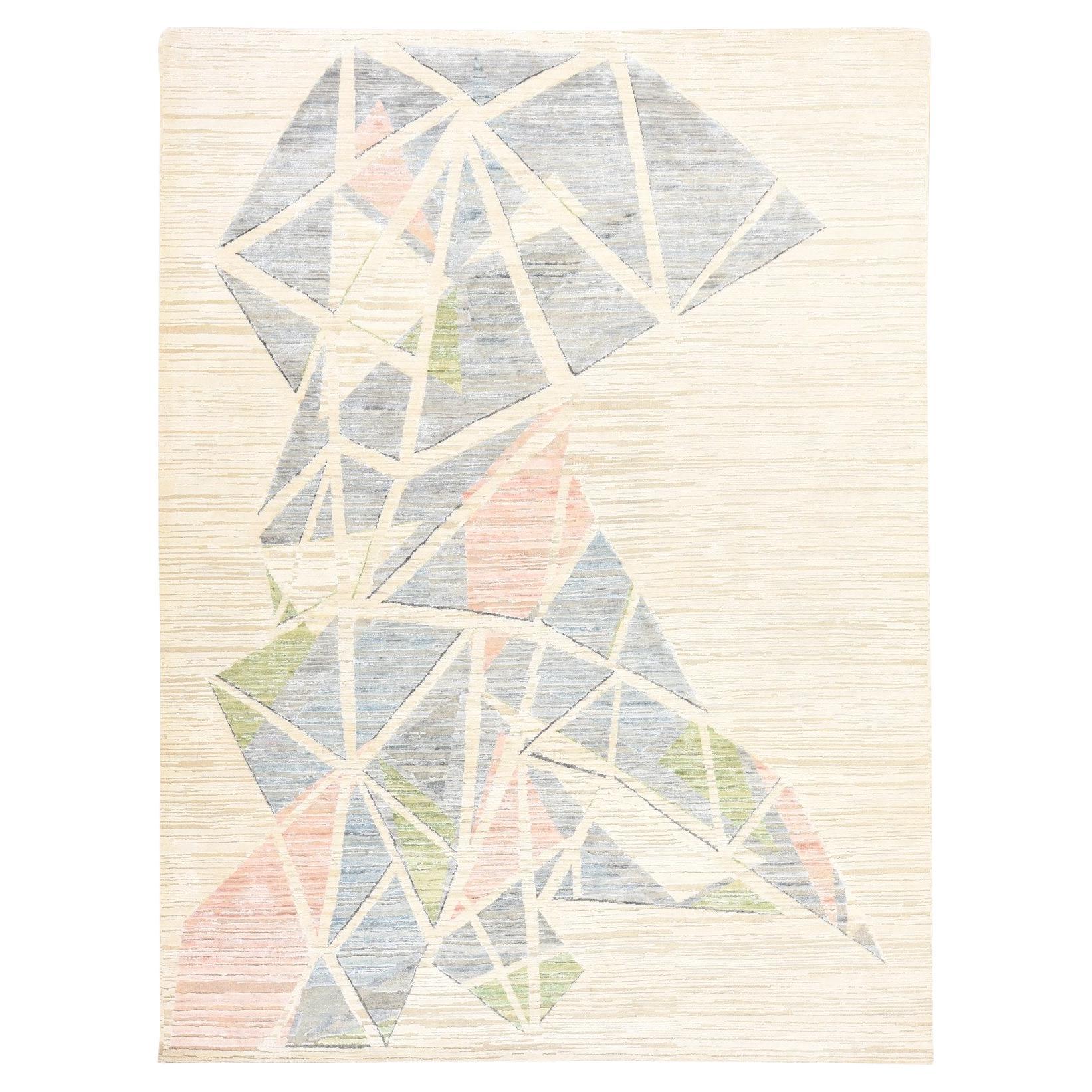 9'x12' Ivory Modern Abstract Design Pure Silk with Wool Hand Knotted Rug For Sale