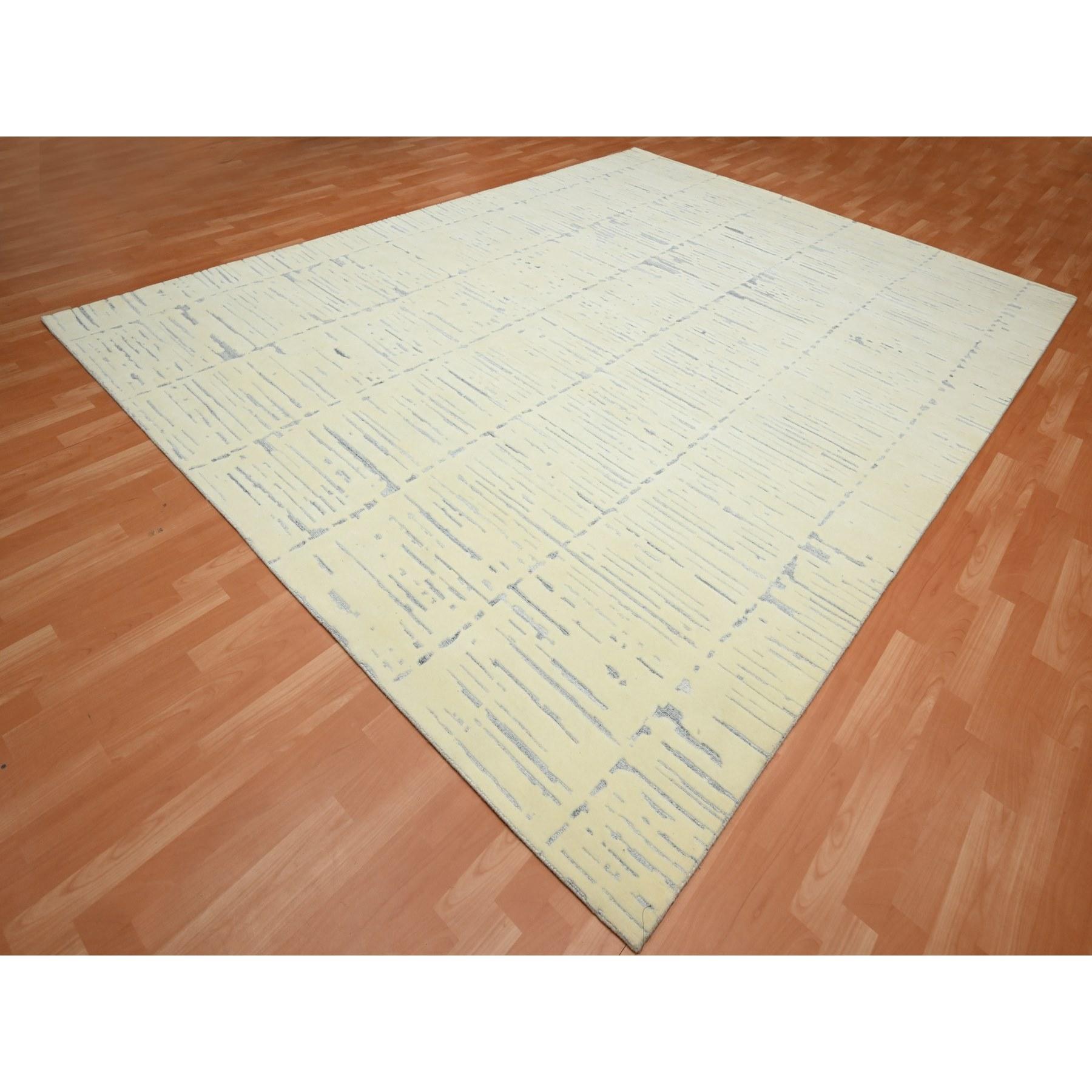 Medievale 9'x12' Avorio Design Moderno con Trama Tracciata in Lana e Seta Annodato a mano in vendita