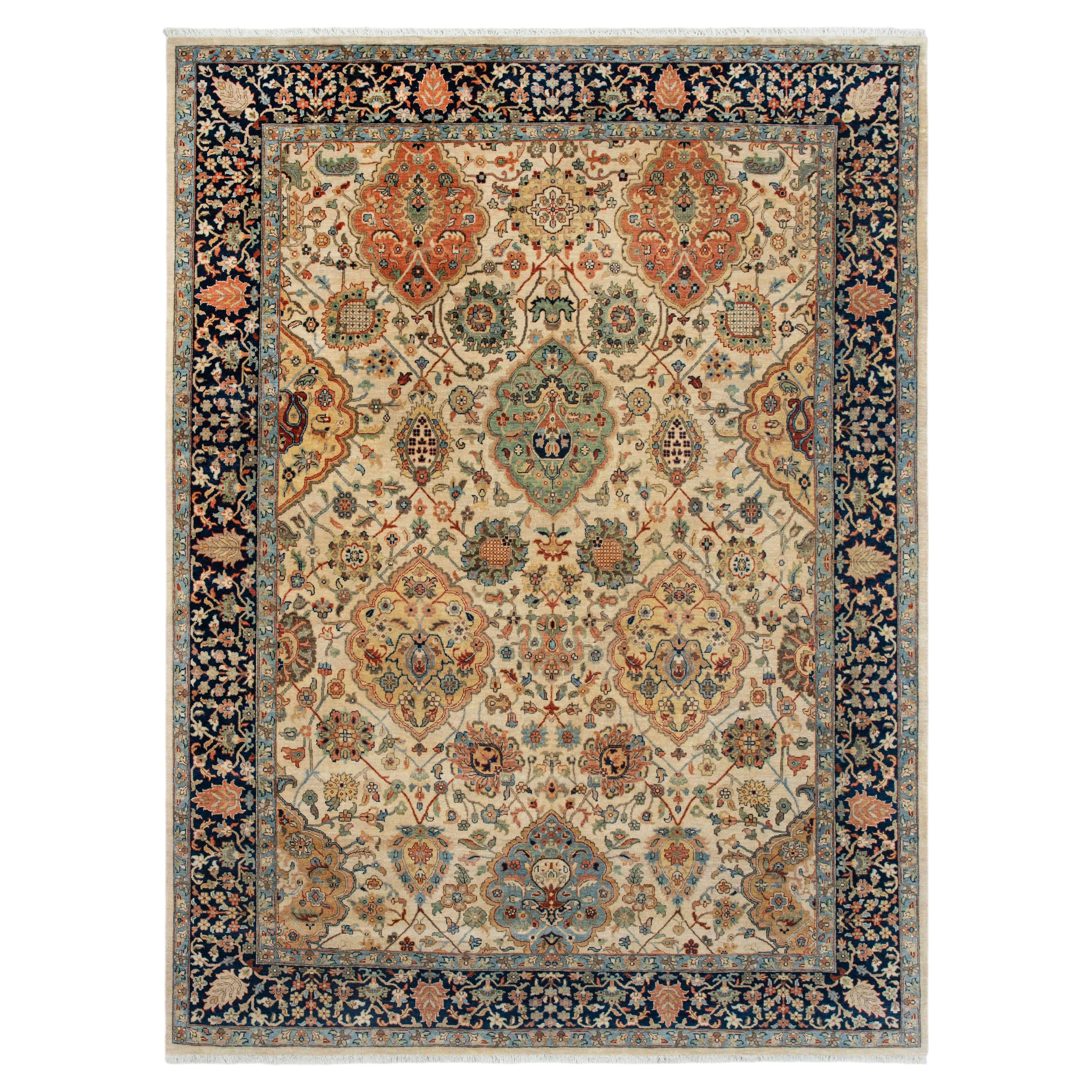 9x12 Ivory Navy Floral Hand Knotted Wool Rug ( G-13653) For Sale