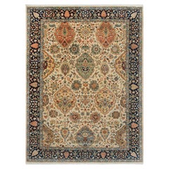 9x12 Ivory Navy Floral Hand Knotted Wool Rug ( G-13653)