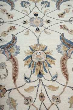 9x12 Ivory Persian with Floral Vines & Navy Border Hand Knotted Rug (G-13517)