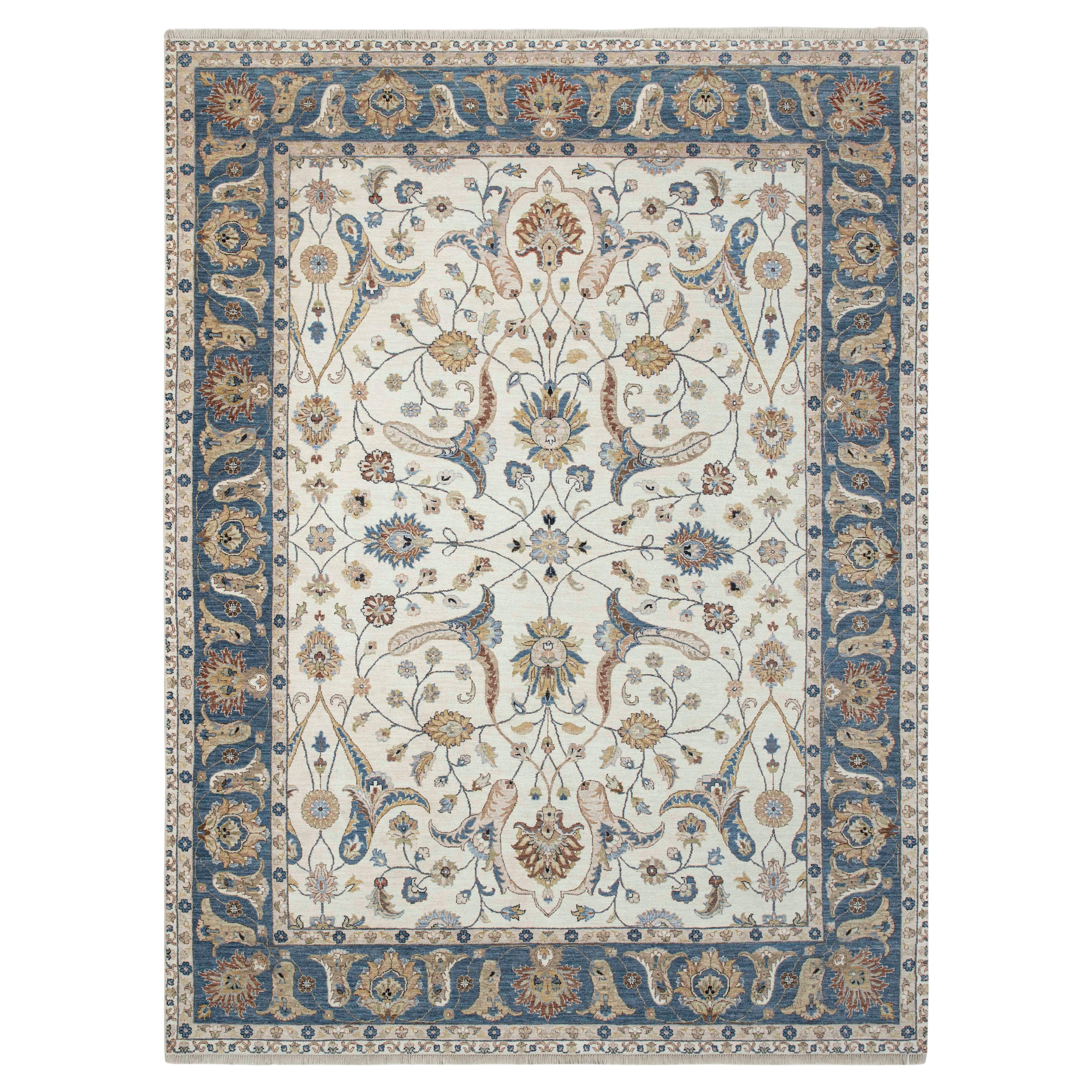 9x12 Ivory Persian with Floral Vines & Navy Border Hand Knotted Rug (G-13517)