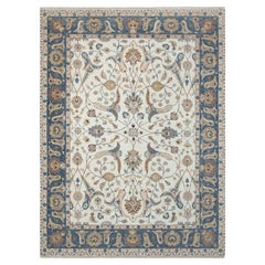 9x12 Ivory Persian with Floral Vines & Navy Border Hand Knotted Rug (G-13517)