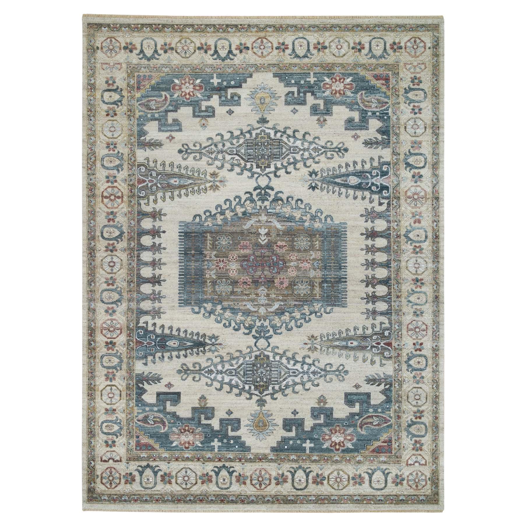 9'x12' Ivory Reimagined Persian Viss Design Soft Wool Hand Knotted Oriental Rug