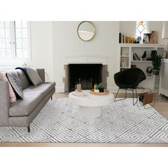 9'x12' Ivory Roman Key Squares Design Hand Knotted Pure Silk with Wool Rug