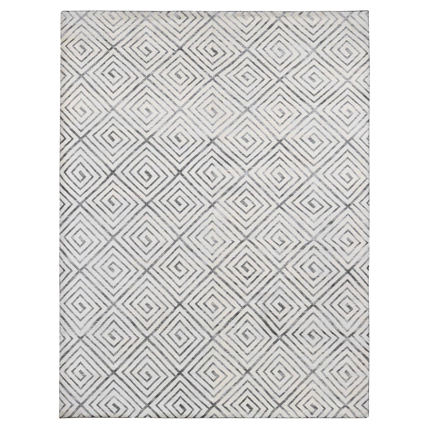 9'x12' Elfenbein Römische Schlüsselquadrate Design Handgeknüpfter Teppich aus reiner Seide mit Wolle