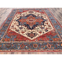 9'x12' Ivory Serapi Heriz with Medallion Design Hand Knotted Soft Wool Rug