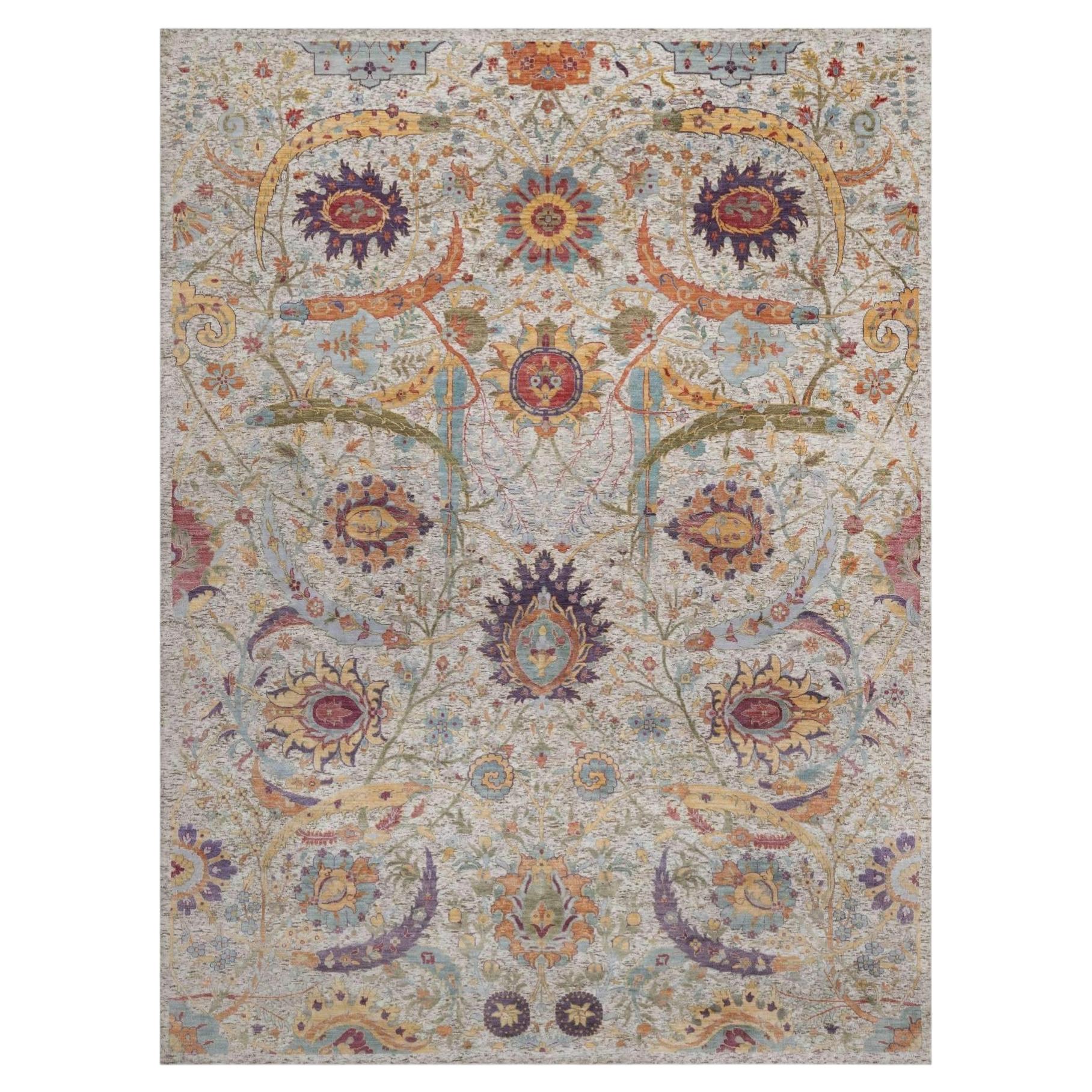9'x12' Ivory Silk with Textured Wool Sickle Leaf Design Hand Knotted Rug For Sale