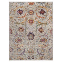 9'x12' Ivory Silk with Textured Wool Sickle Leaf Design Hand Knotted Rug