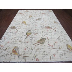 9'x12' Ivory Sparrows on the Tree Peshawar All Wool Hand Knotted Oriental Rug
