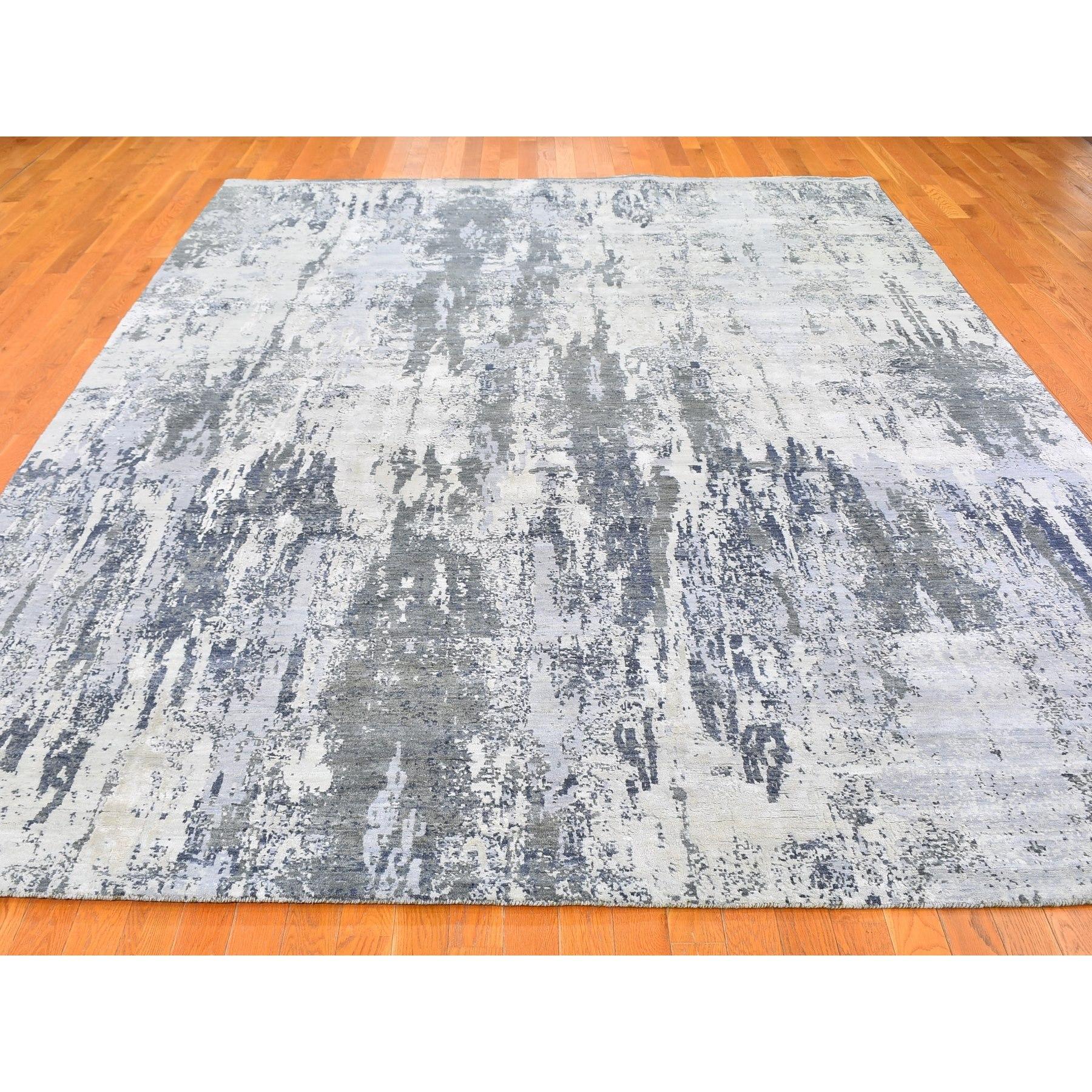 9'x12' Elfenbeinfarbener Wollteppich mit echter Seide Abstraktes Design Dichter gewebt Hi-Low Pile Teppich (Moderne) im Angebot