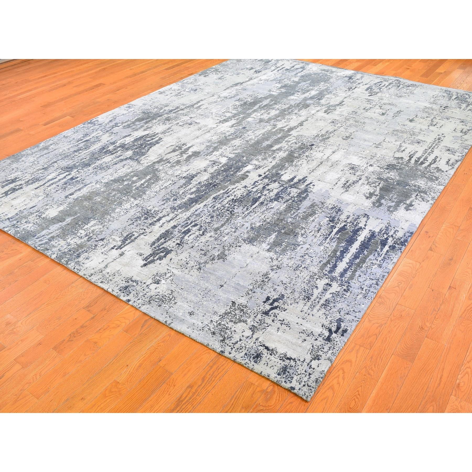 9'x12' Elfenbeinfarbener Wollteppich mit echter Seide Abstraktes Design Dichter gewebt Hi-Low Pile Teppich (Indisch) im Angebot