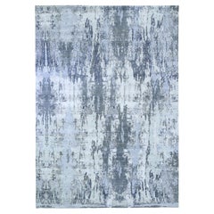 9'x12' Elfenbeinfarbener Wollteppich mit echter Seide Abstraktes Design Dichter gewebt Hi-Low Pile Teppich