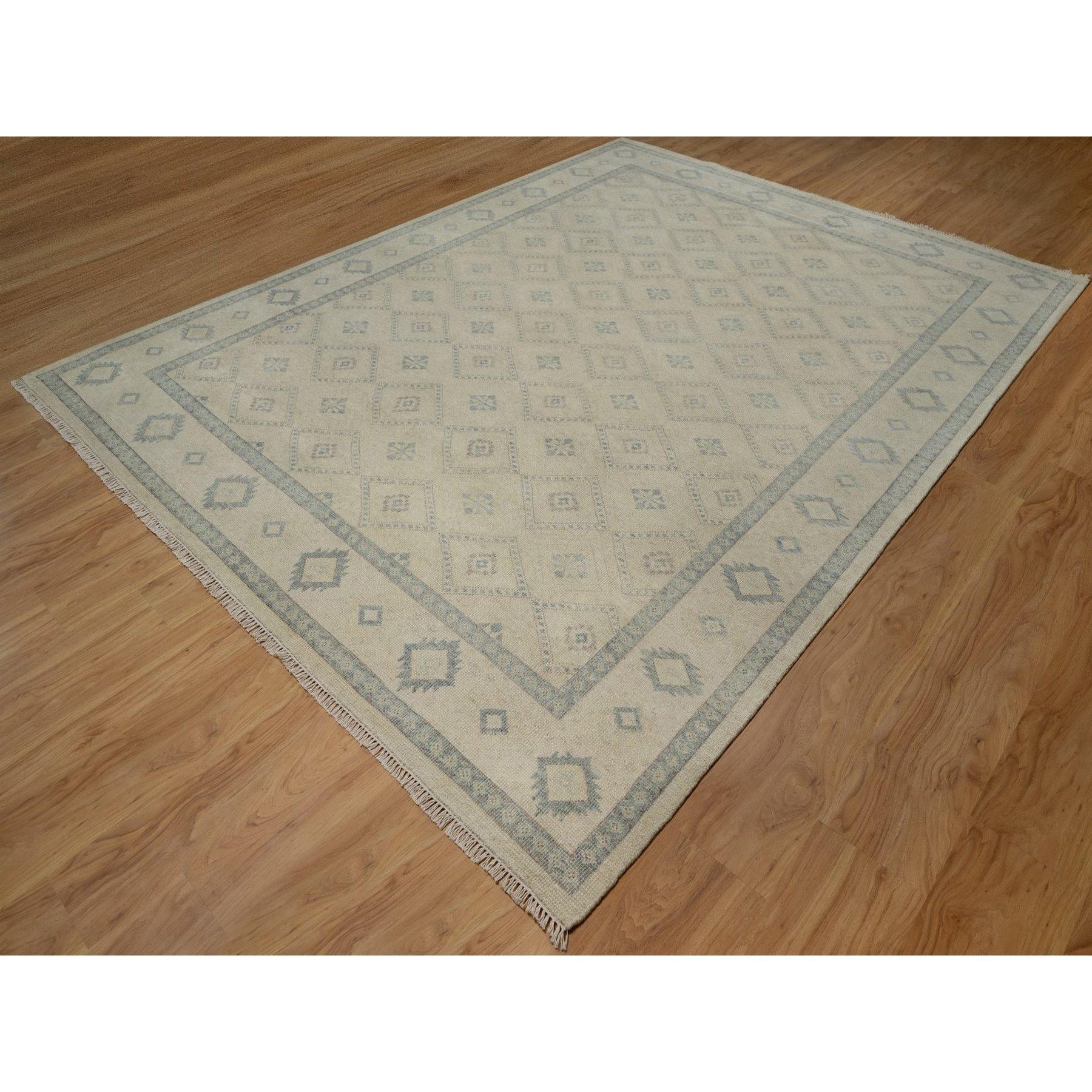 Indian 9'x12' Ivory Zero Pile Box Design Triangle Tribal Motif Hand Knotted Wool Rug For Sale