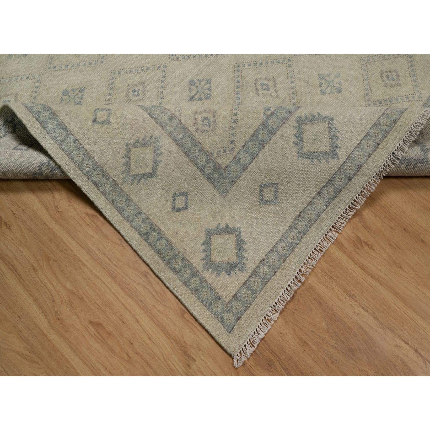 Contemporary 9'x12' Ivory Zero Pile Box Design Triangle Tribal Motif Hand Knotted Wool Rug For Sale