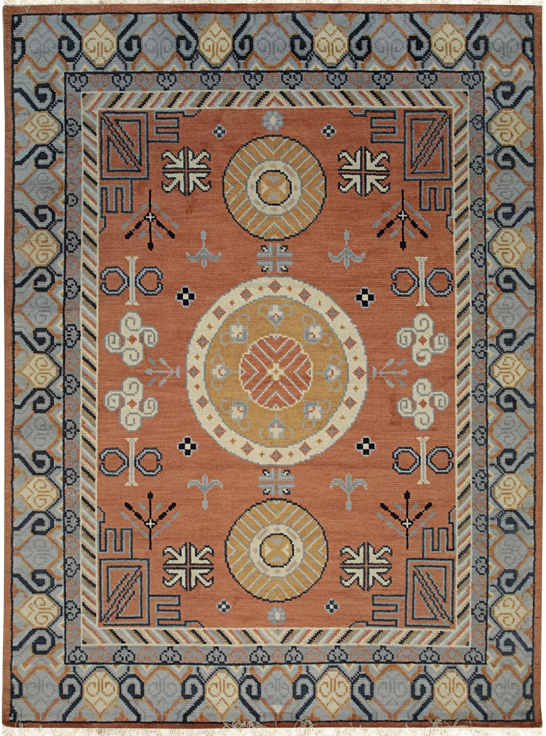 9x12 Jade Traditional Coral Geometric Medallion Hand Knotted Wool Carpet Rug